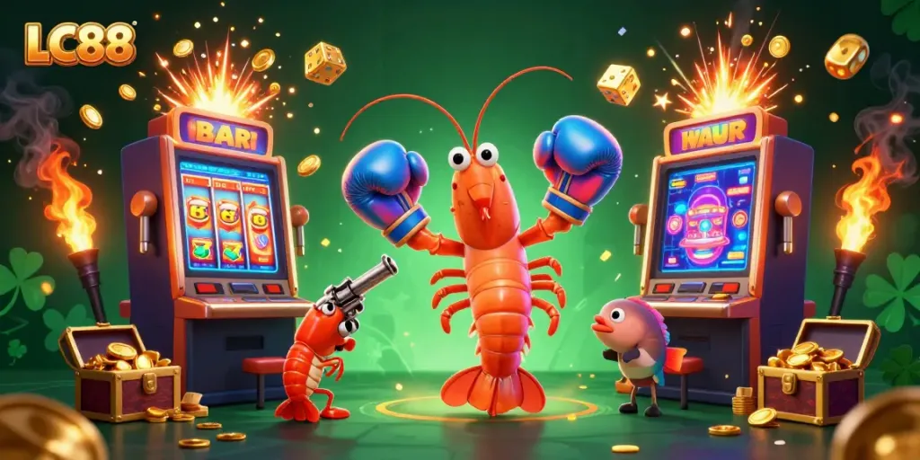 Engage with LC88's thrilling jackpot scene featuring a mantis shrimp in boxing gloves and slot machines bursting with gold.