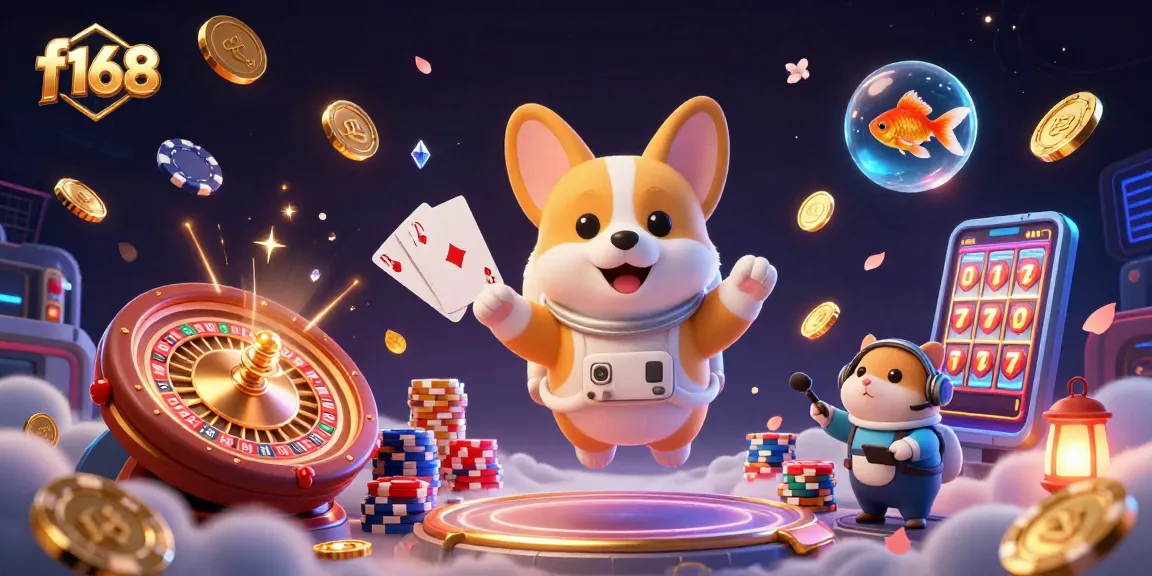 Win big with f168 as a cartoon astronaut corgi floats through a vibrant casino adventure filled with excitement.