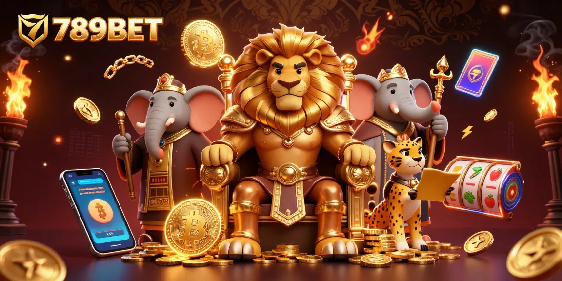 Engage with 789BET showcasing vibrant gaming elements like slot reels and crypto coins in a rich casino illustration.