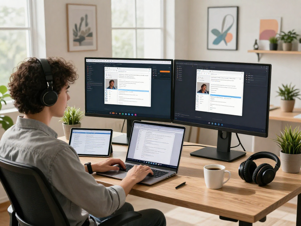 Professional using ToDesk remote desktop software in a modern home office setting, showcasing productivity and efficiency.