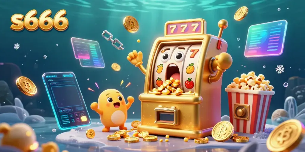 Experience the excitement of s666 as golden slot machines hit jackpots amidst glimmering crypto coins.