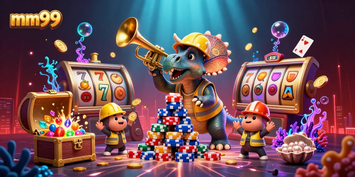 Unleash the excitement of mm99 slots with a vibrant 3D illustration celebrating casino games.