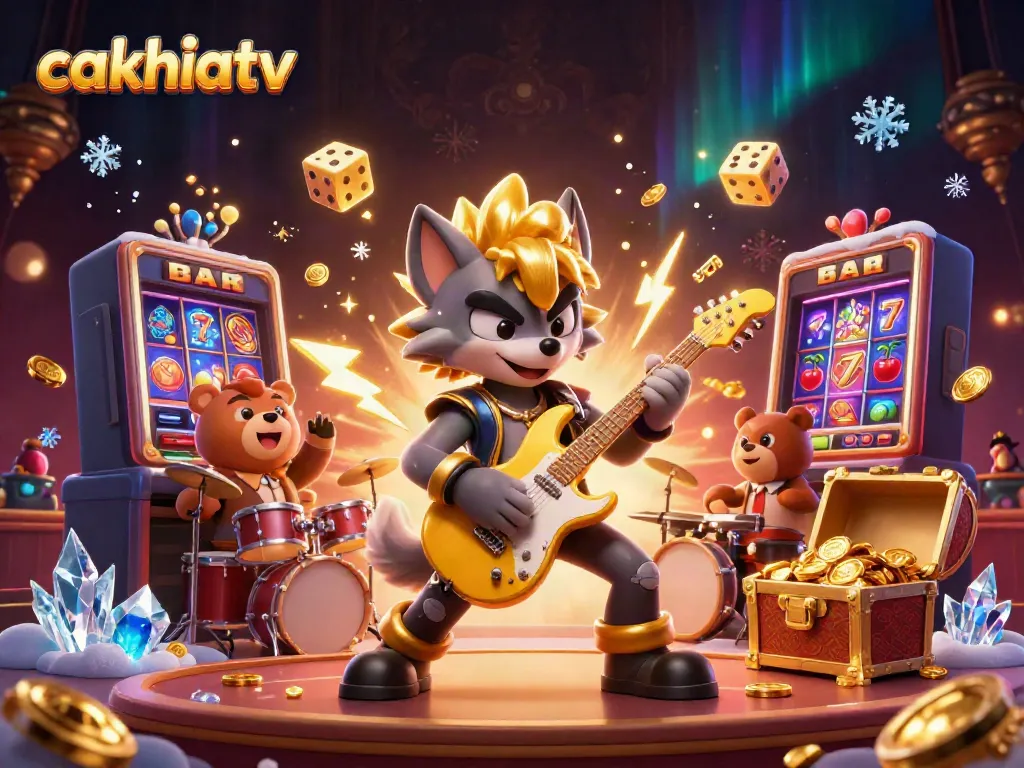 Experience thrilling gameplay with cakhiatv's vibrant gambling scene featuring a rock star wolf and exciting slot elements.