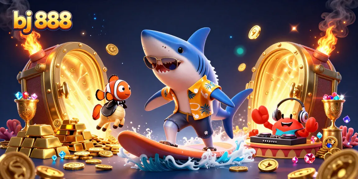 Experience thrilling gameplay with bj 888 as a hammer-head shark surfs on gold coins amidst vibrant casino elements.