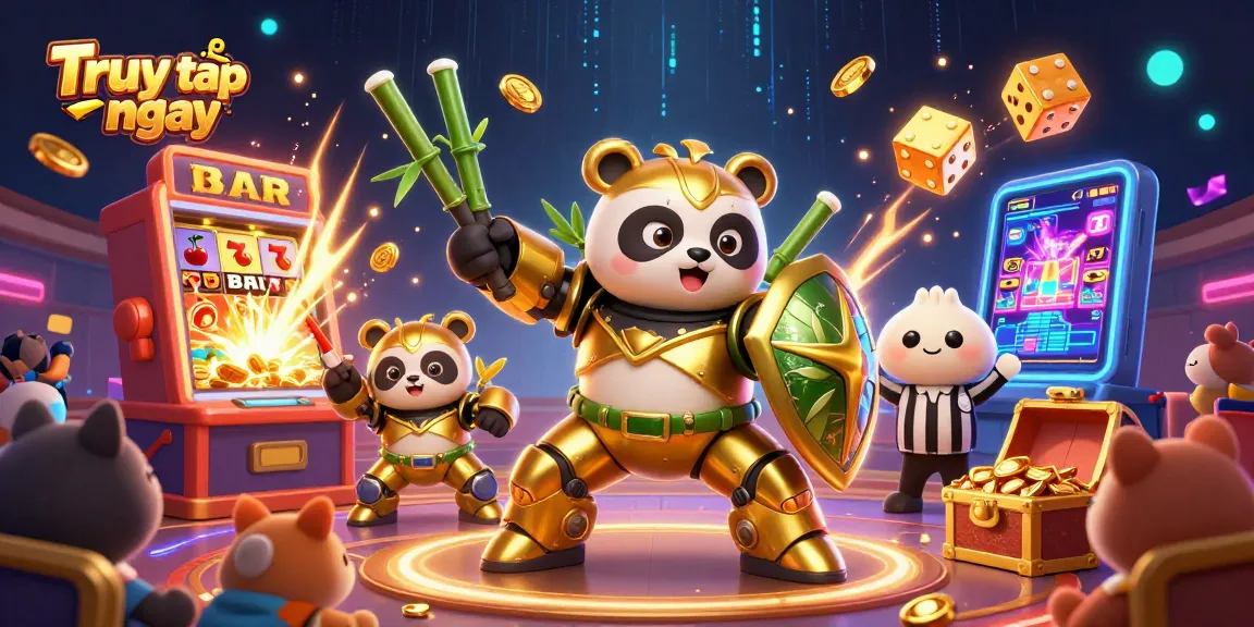 Truy cập ngay to a vibrant casino game scene with golden panda piloting a robot and jackpot elements.