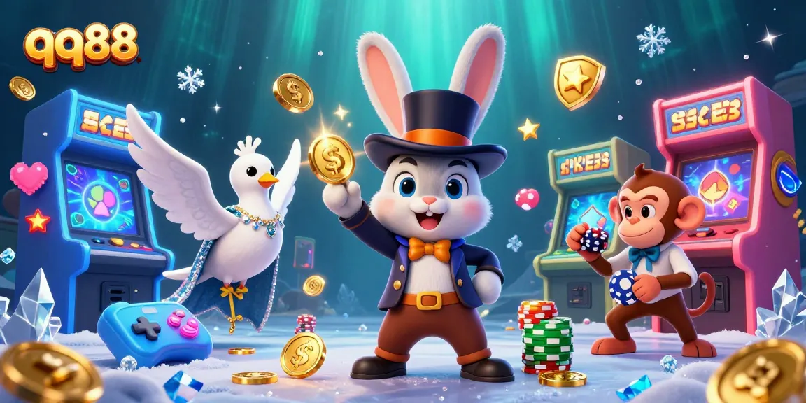 Experience the magic of qq88 with a captivating scene of a magician rabbit and friends in a vibrant casino