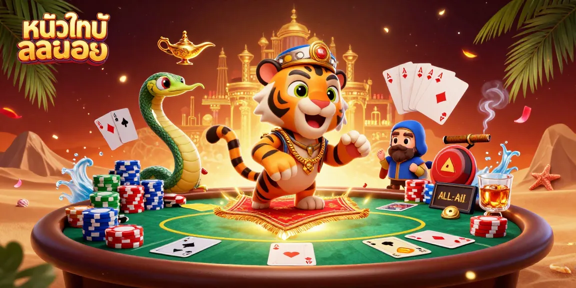 Enhance your gaming experience with หนังใหม่ชนโรง featuring vibrant casino elements and 3D cartoon characters.