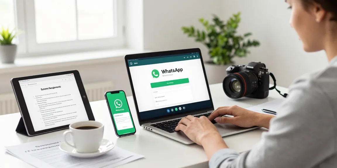 WhatsApp下載 process on a modern workspace with a user at a laptop