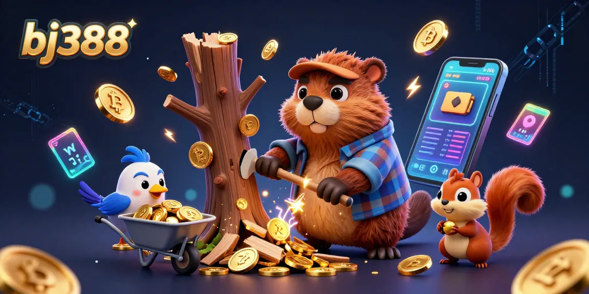 Experience the thrill of bj388 with a lively 3D scene of coins raining from a beaver in a casino setting.