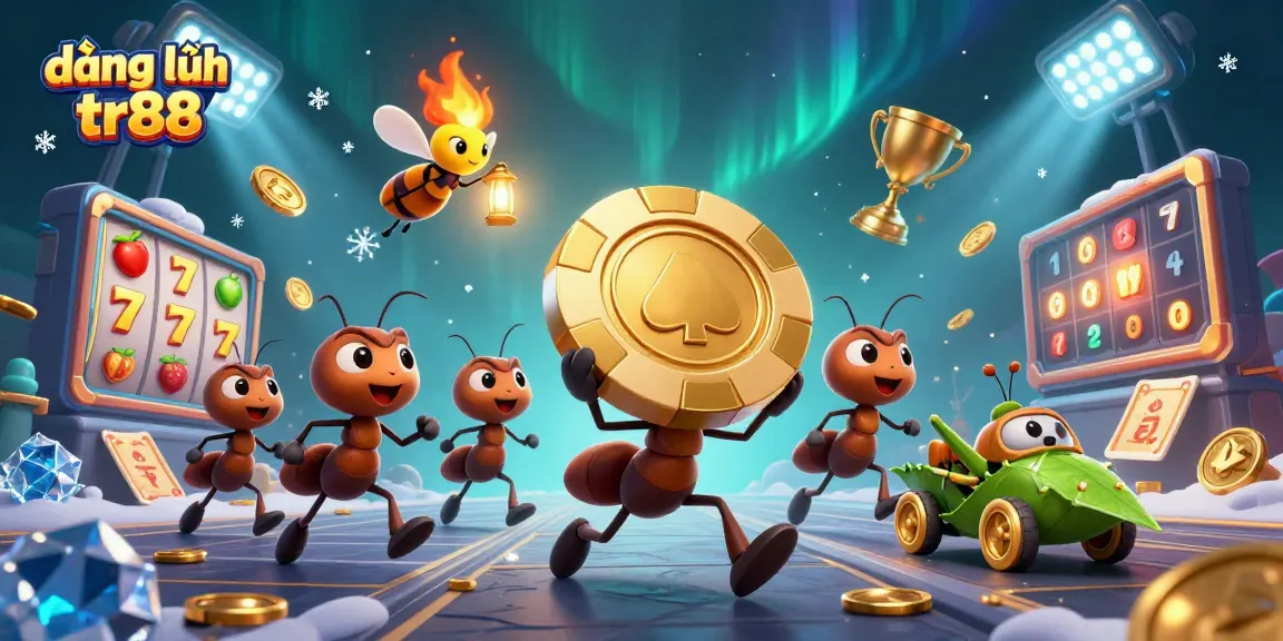 Experience the excitement of đăng nhập tr88 with a vibrant cartoon heist scene featuring ants, golden poker chips, and casino elements.