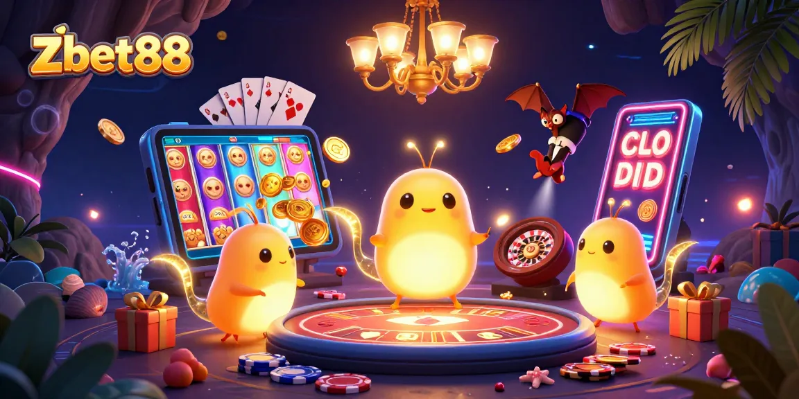 Engage with Zbet88 in a vibrant 3D casino scene featuring glowworms and dynamic gaming elements.