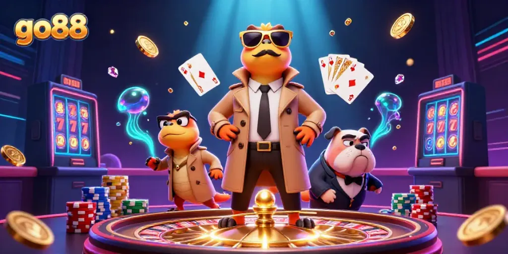 Play thrilling games at go88 with vibrant 3D cartoon raptors at a VIP casino lounge.