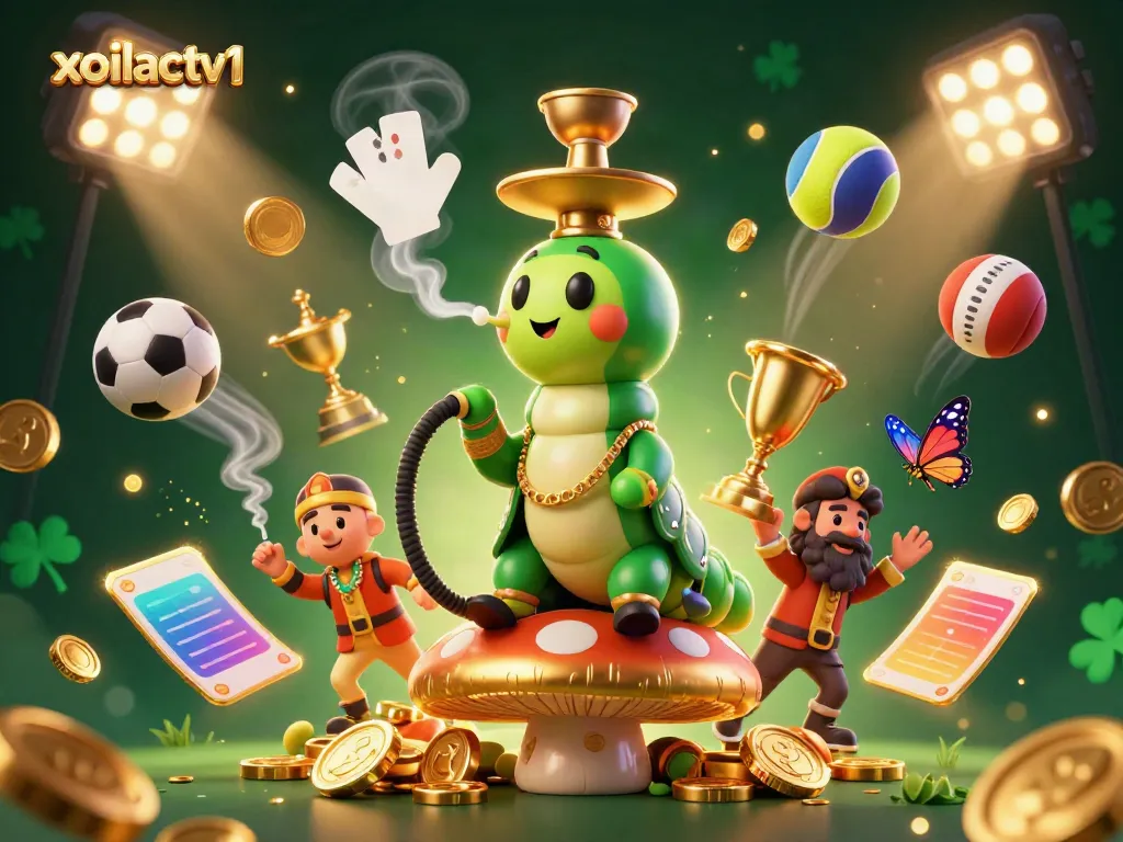 Engage with xoilactv1's vibrant online casino atmosphere featuring dynamic sports elements and a whimsical caterpillar character.