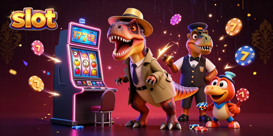 Spin the slot machine with colorful 3D characters, including a velociraptor and stegosaurus.