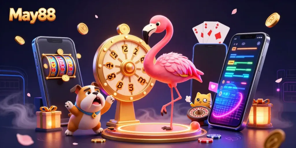 Enter the thrilling world of May88 with vibrant casino elements and dynamic characters in action.