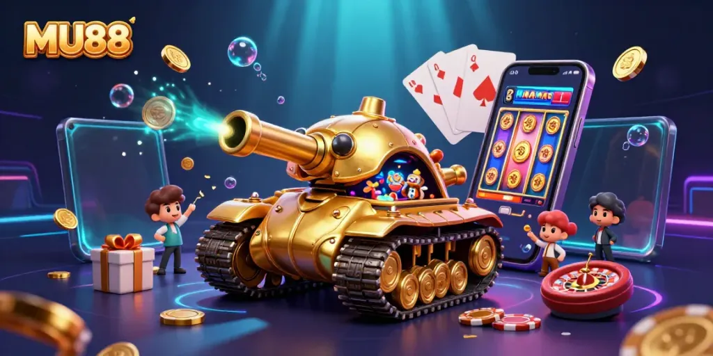 Experience the thrill of MU88 with a colorful casino scene inside a golden beetle tank bursting with games and excitement.