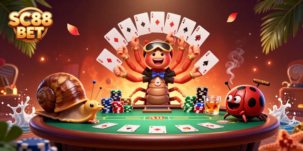Join the excitement in SC88 BET with a vivid cartoon casino scene featuring a unique 3D millipede dealer