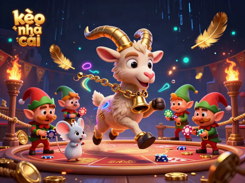 Engaging gambling scene illustrating kèo nhà cái featuring Krampus goat, angel mouse, and elf gremlins amidst dynamic casino elements.