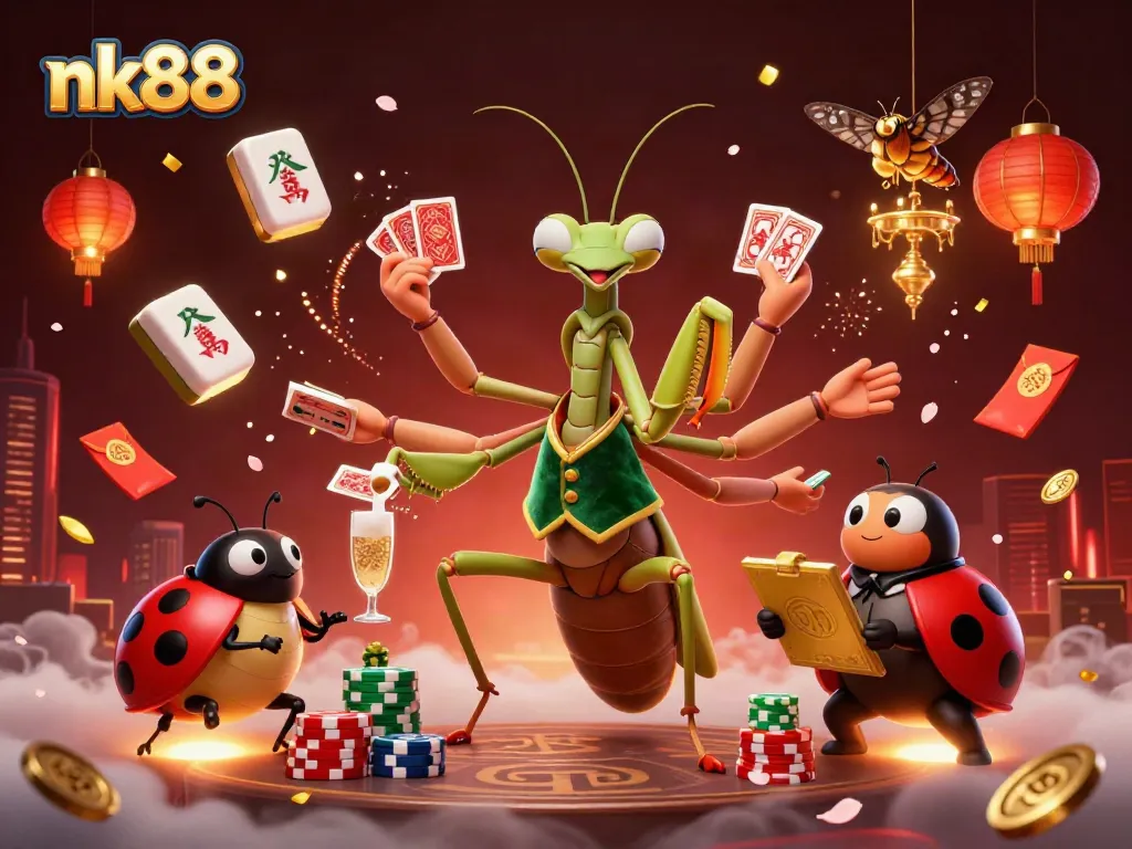 Join the vibrant world of nk88, where a giant praying mantis dealer and ladybug pit boss bring mobile casino action to life.