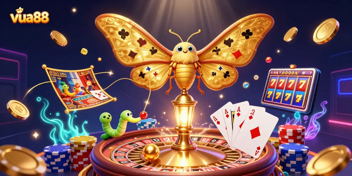 Experience thrilling gaming at vua88 with a dynamic illustration of casino elements and vibrant characters.