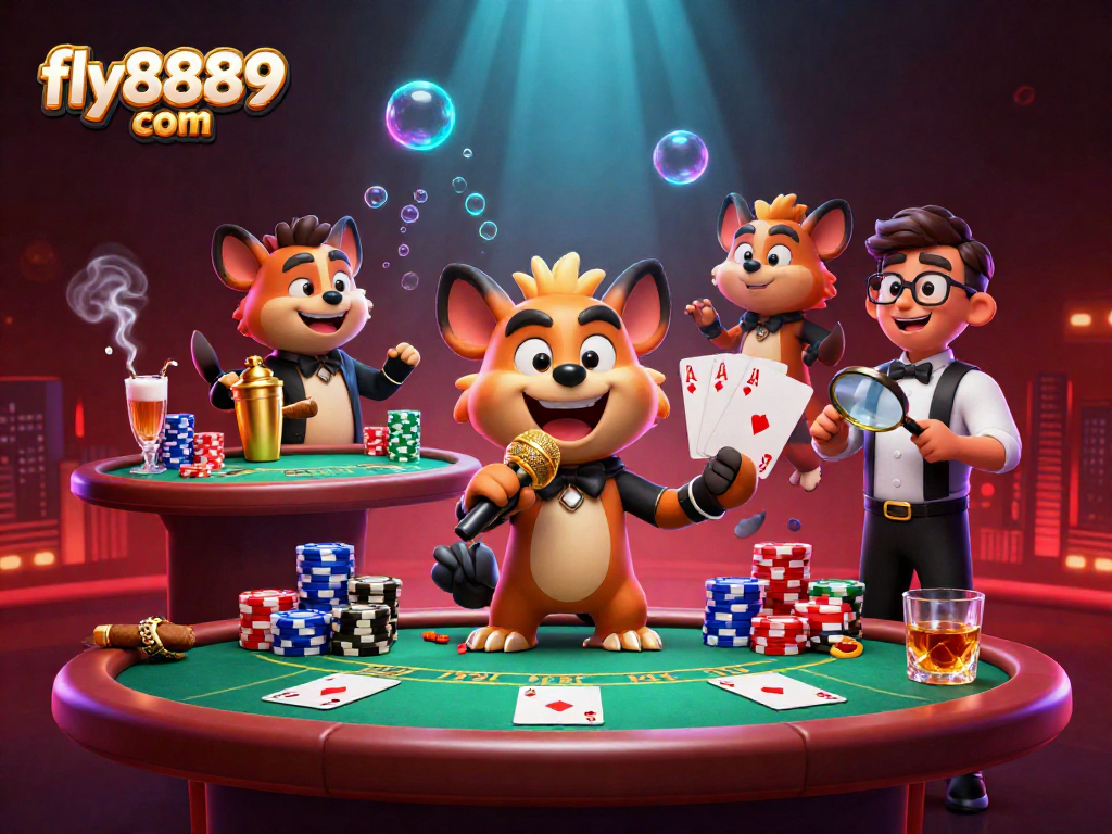Join the fun at fly8889 com with lively hyenas in a vibrant casino scene showcasing epic poker activities.