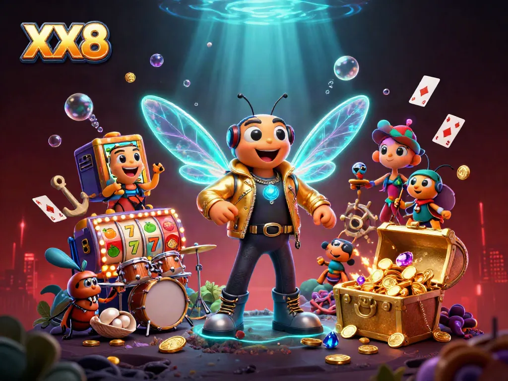 Engaging XX8-themed casino scene showcasing a cicada rock star, slot reels, and vibrant treasures.
