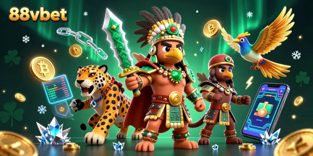 Experience thrilling gameplay with 88vbet as Aztec warriors embrace crypto elements in this dynamic casino scene.