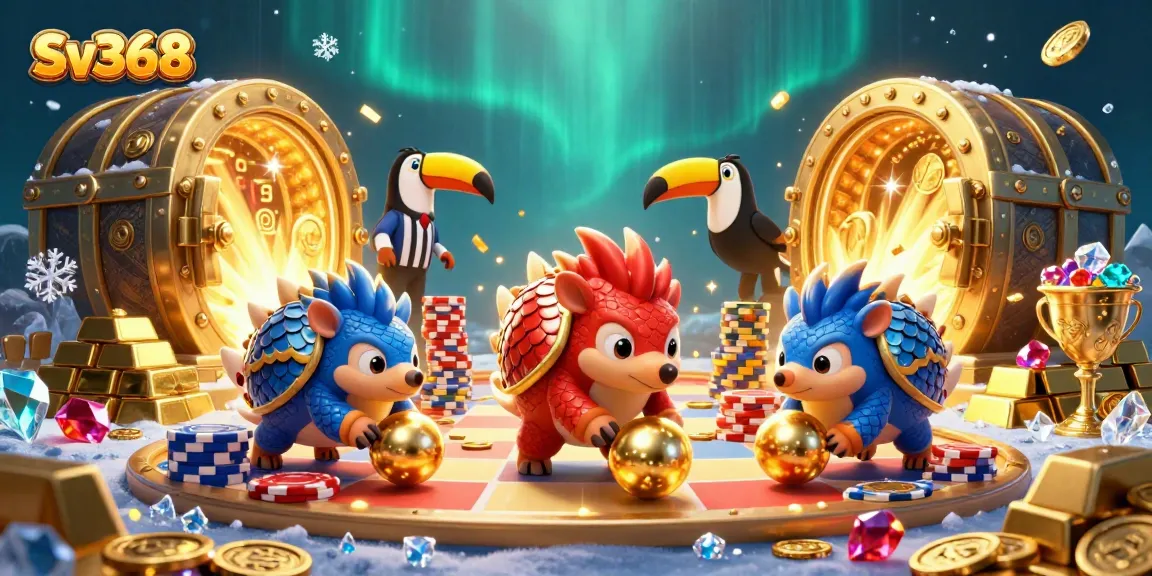 In a vibrant scene, Sv368's animated pangolins celebrate gambling with poker chips and treasures.