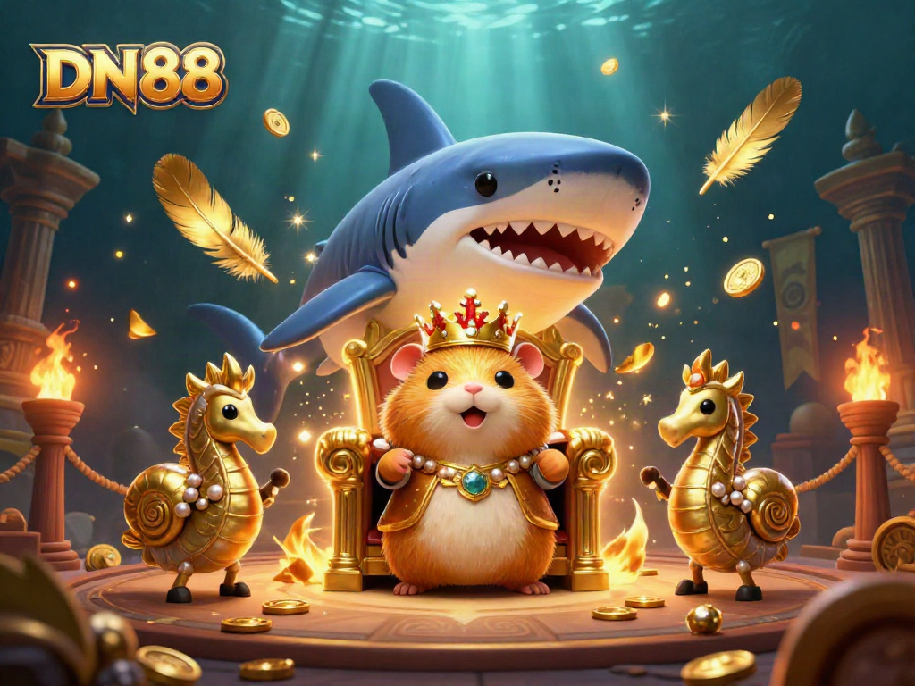 Experience the thrilling DN88 casino adventure with a fierce hamster king surrounded by golden treasures and royal guards.