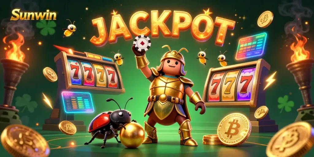 Celebrate wins at Sunwin with a lively 3D illustration of a victorious hercules beetle and vibrant slots theme.