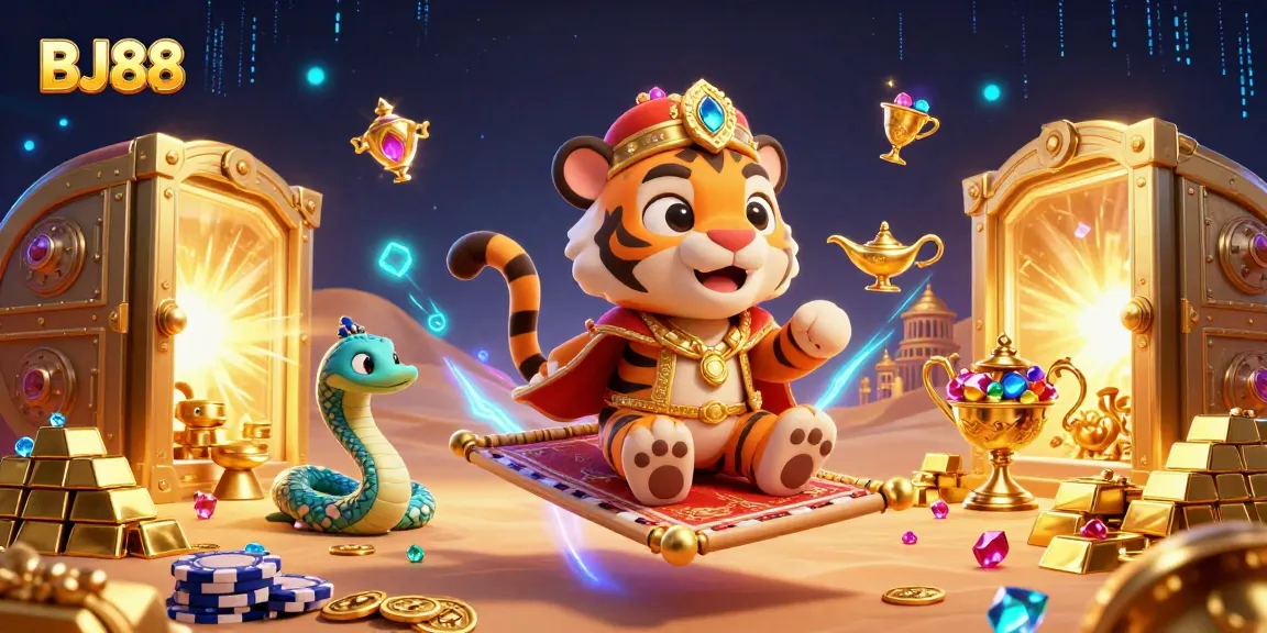 Experience the thrill of BJ88 with vibrant gambling elements and characters in a magical casino setting.