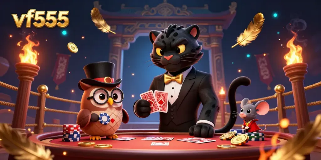 Engage with vf555 as the stylish panther deals cards in a vibrant casino scene.