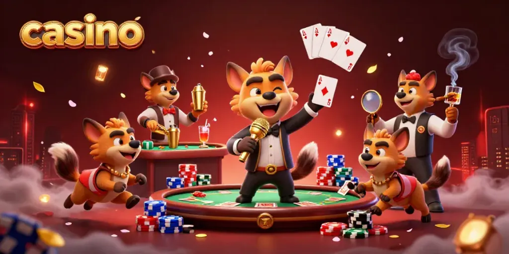 Dynamic hyena casino scene with comedian, bartender, and bouncer engaging in gaming activities.