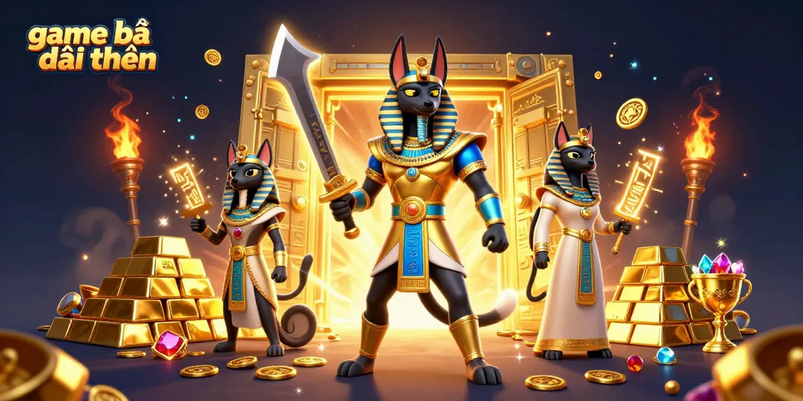 Engage with game bài đổi thưởng as Anubis guards treasures, illuminated by gems and gold.