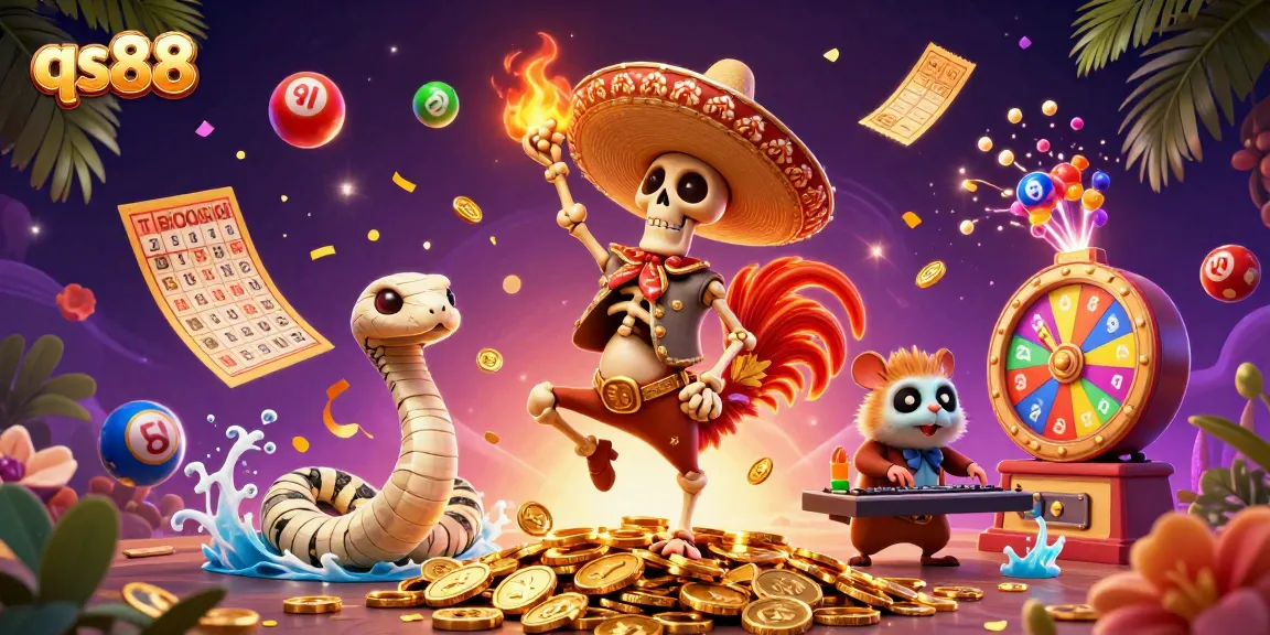 Join the festive celebration at qs88 with a lively mariachi rooster dancing on golden coins.
