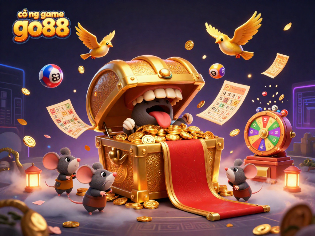 Engage in thrilling experiences with cổng game go88, showcasing a vibrant 3D treasure chest scene.
