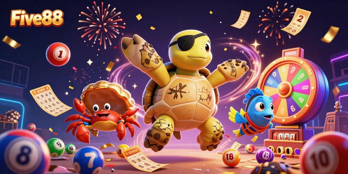 Experience the excitement of Five88 with a vibrant casino-themed 3D illustration featuring playful characters.