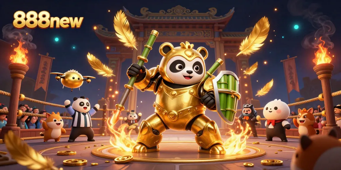 Experience thrilling action at 888new with a golden panda mech in a vibrant fighting arena.