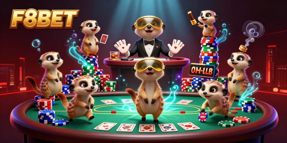 F8BET meerkats managing a vibrant casino with poker tables, colorful chips, and engaging atmosphere.