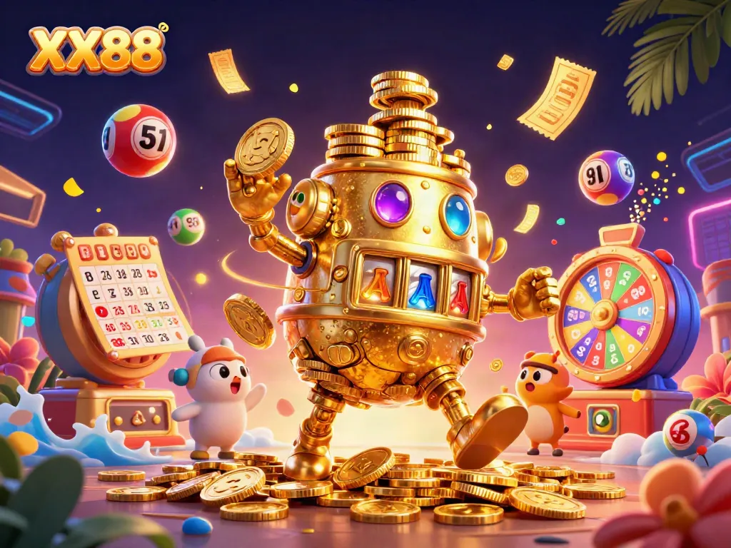 Join the excitement of XX88 with a vibrant lottery scene featuring colorful balls and a golden golem.