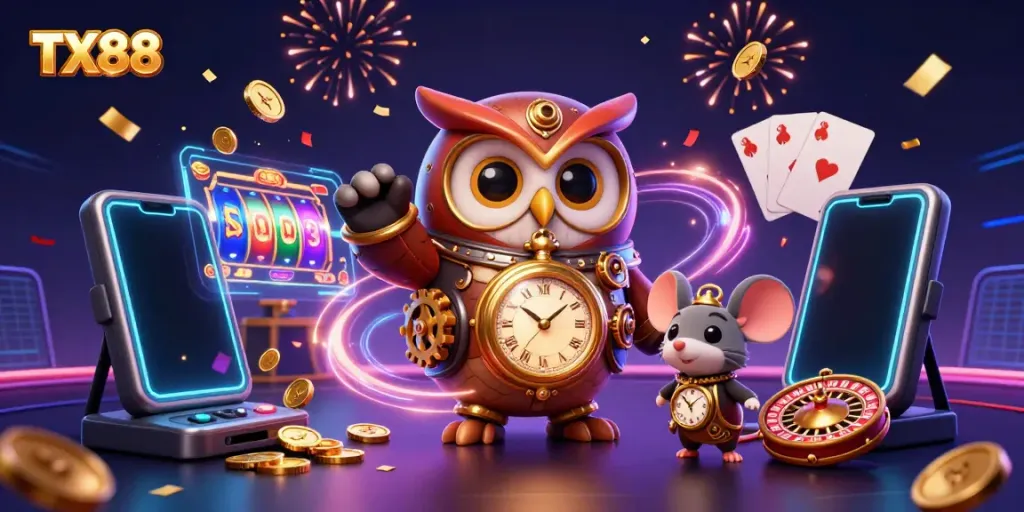 Engage in thrilling gaming action with TX88 digital experience showcasing elaborate casino elements and vibrant illustrations.