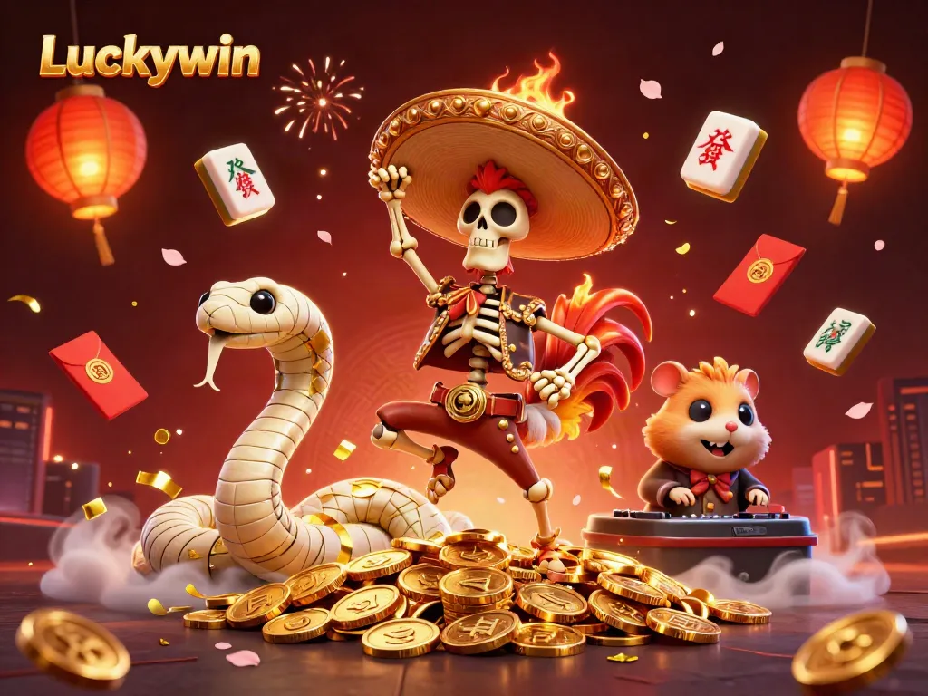 Experience thrilling gameplay at Luckywin with vibrant characters celebrating surrounded by casino elements.