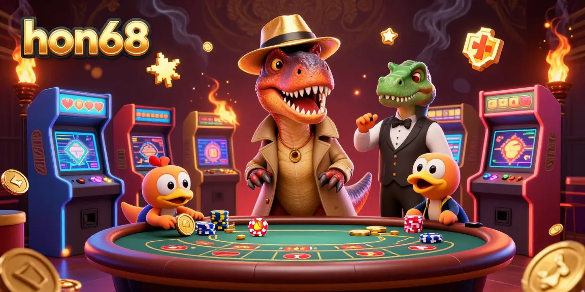 Play thrilling card games at hon68 with a fun velociraptor and exciting casino elements surrounding them.