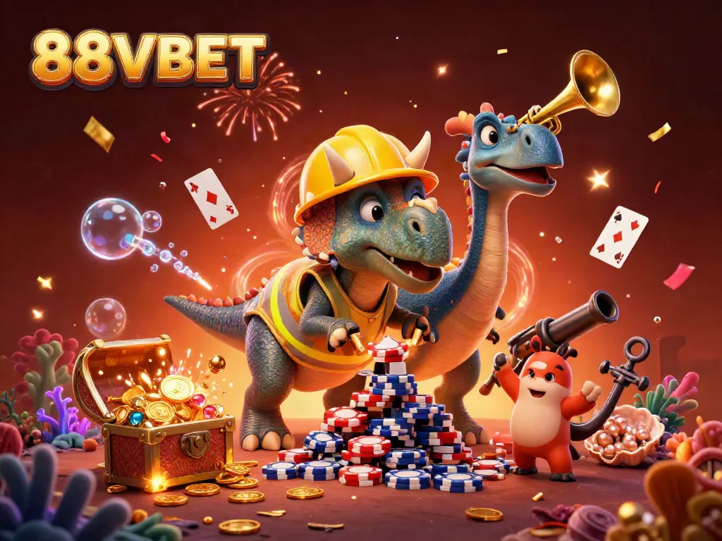 Experience the excitement of 88VBET with a fun 3D illustration of animated dinosaurs celebrating a poker game.