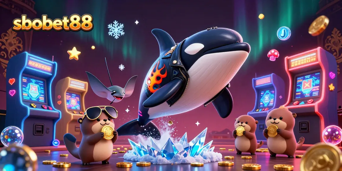 SBOBET88 showcases dynamic gambling fun with cartoon characters celebrating wins and playing games.