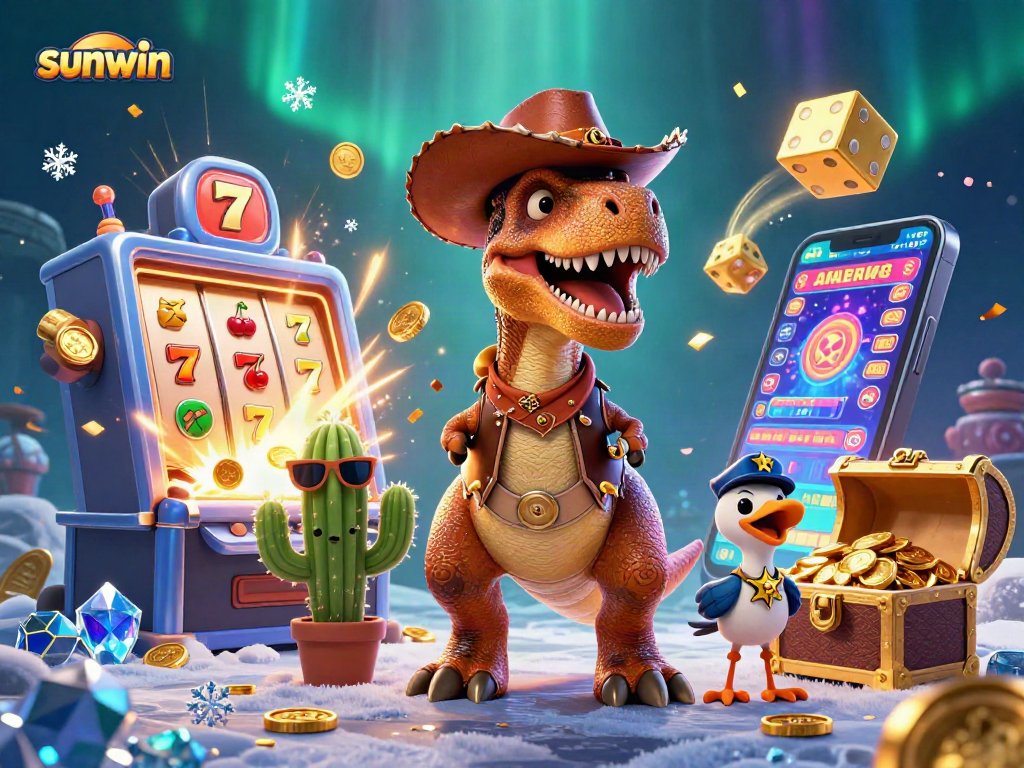 Experience thrilling adventures at sunwin with a vibrant jackpot scene featuring T-Rex, cactus, and roadrunner.