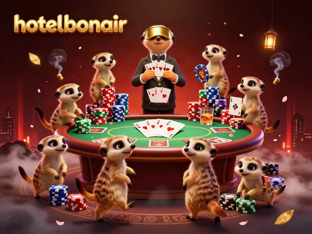 Engaging meerkats handling casino chips at hotelbonair, showcasing a lively poker scene.