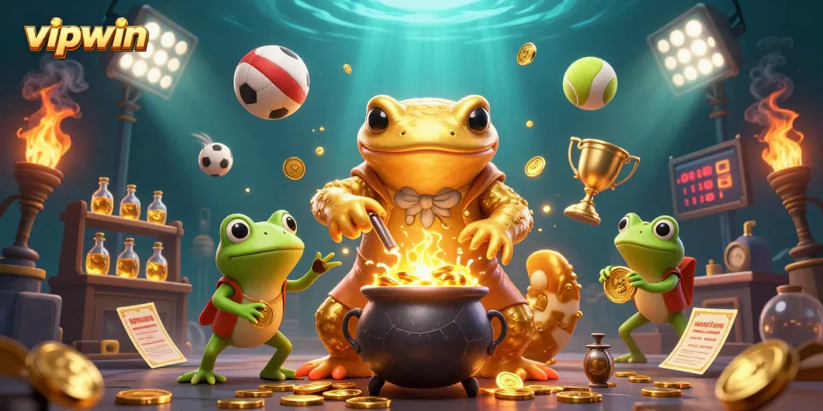 Experience the magic of betting at vipwin with golden alchemical transformations and vibrant sports elements.