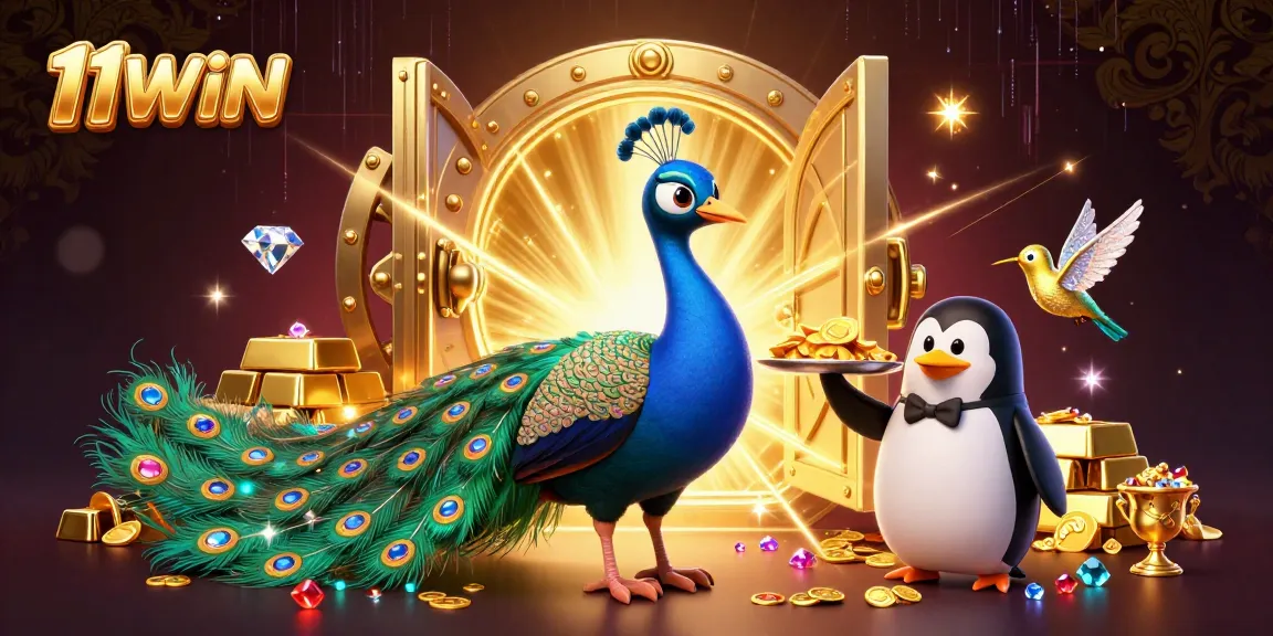Experience the excitement at 11WIN with vibrant casino characters and gold treasure in a dazzling scene.