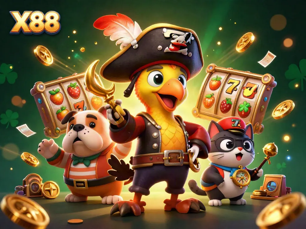 X88 casino scene with a cartoon pirate captain, bulldog, and cat amidst dynamic slot game elements.